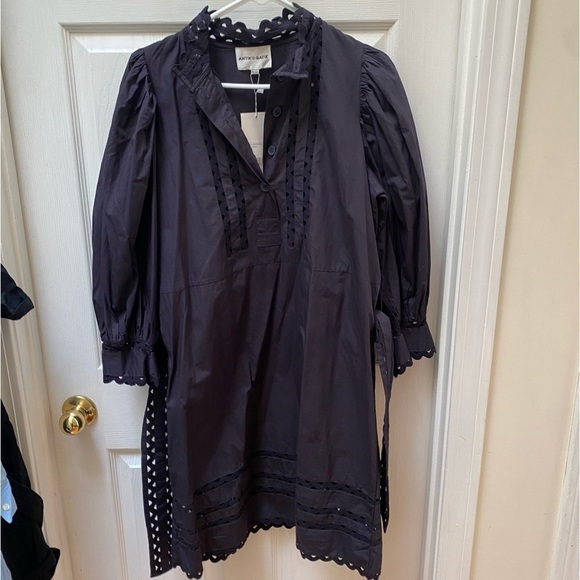 NEW Antik Batik Mali navy blue long sleeve button lace dress puff sleeve 40 - Picture 10 of 13